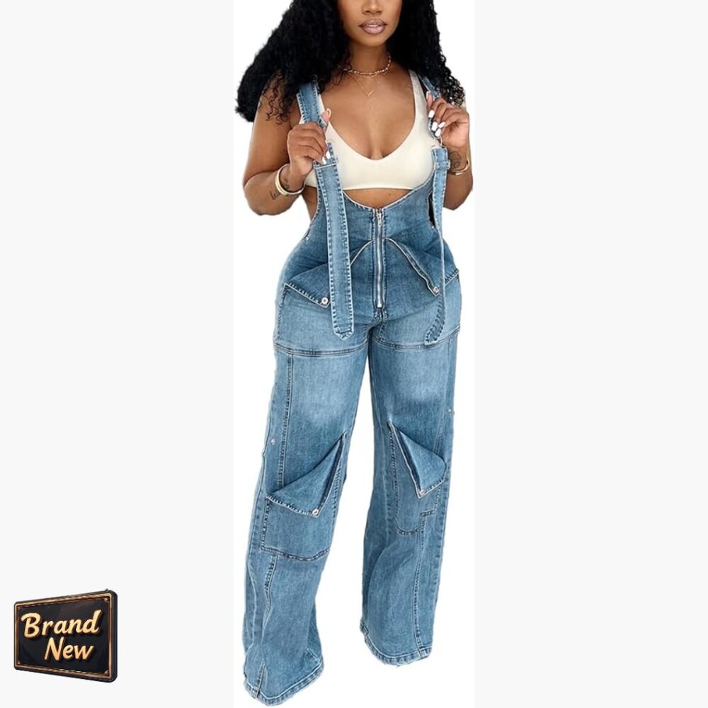 Sleeveless Denim Overalls Jumpsuit Adjustable Straps Wide Leg Loose Fit